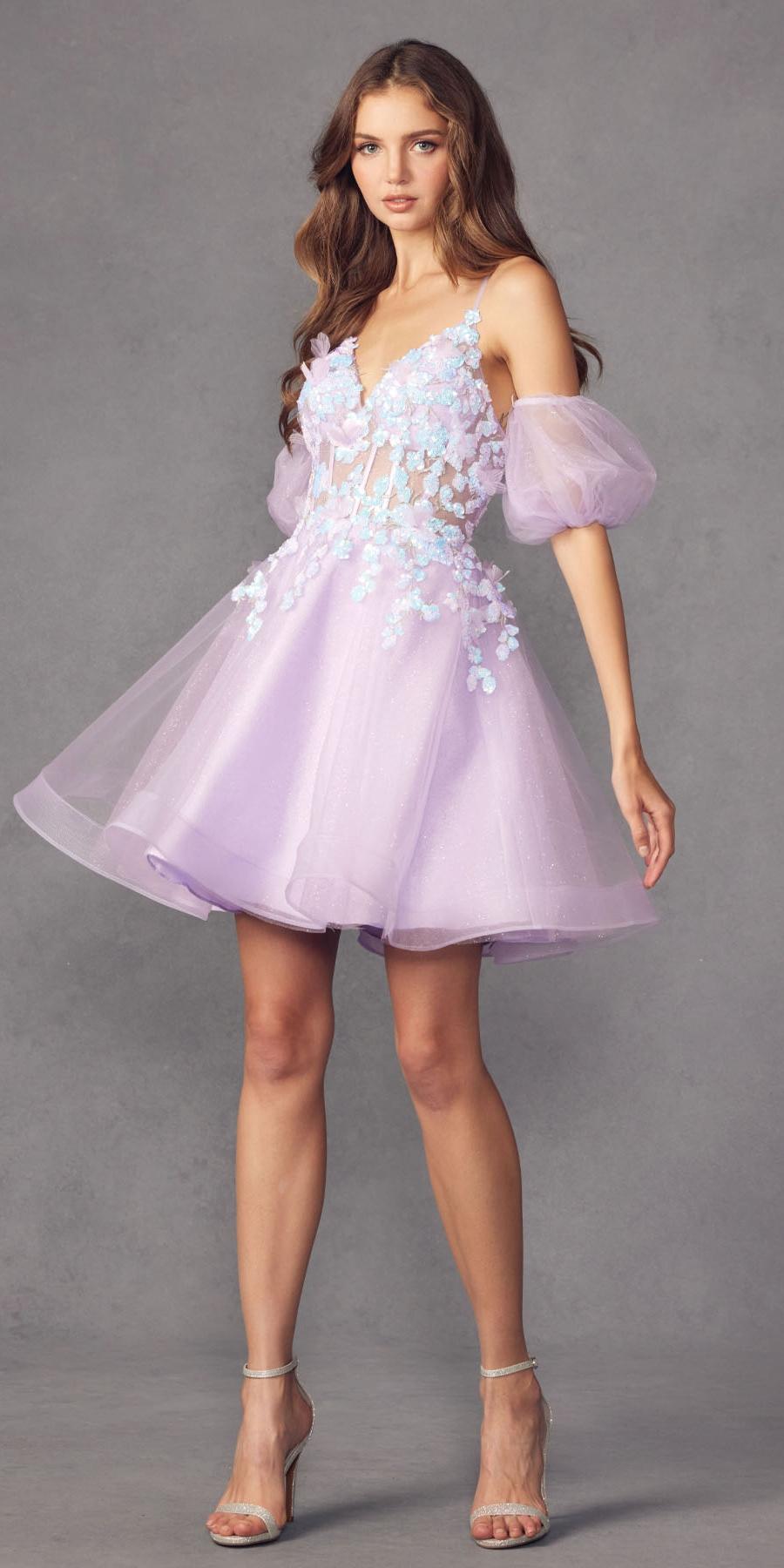 Lavender glitter tulle A-line dress with floral appliques and off-shoulder puff sleeves