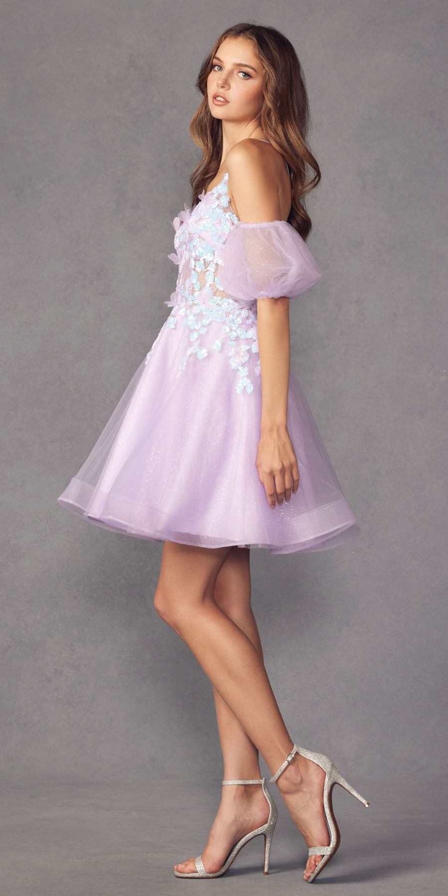 Lavender glitter tulle A-line dress with removable puff sleeve overlay and floral bodice
