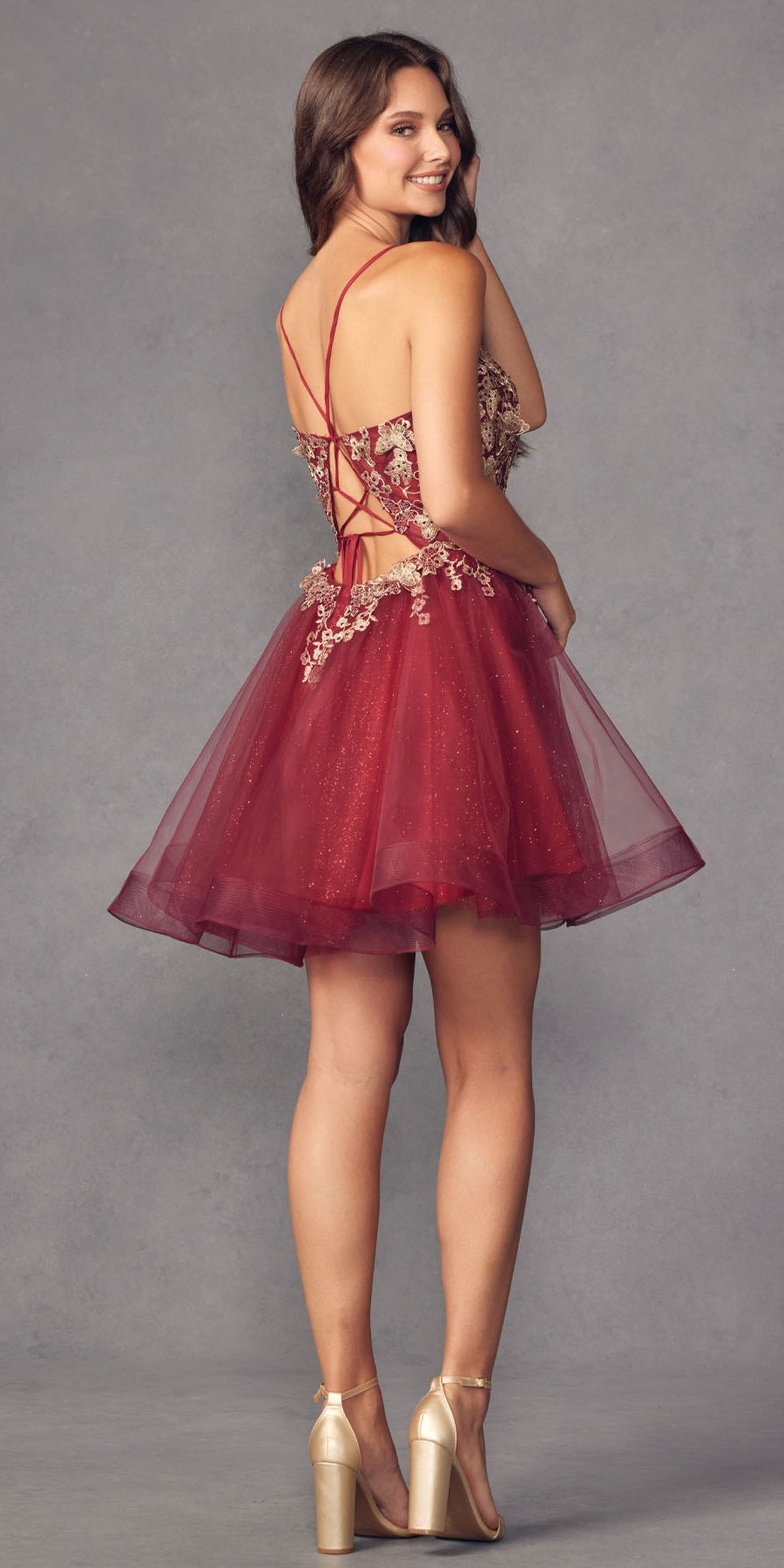 Burgundy short A-line tulle gown with 3D butterfly applique, layered skirt