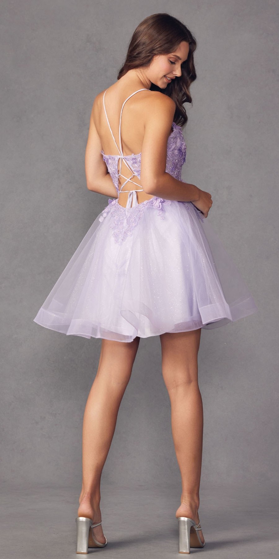 Lilac short A-line tulle gown with lace back detail and 3D butterfly applique