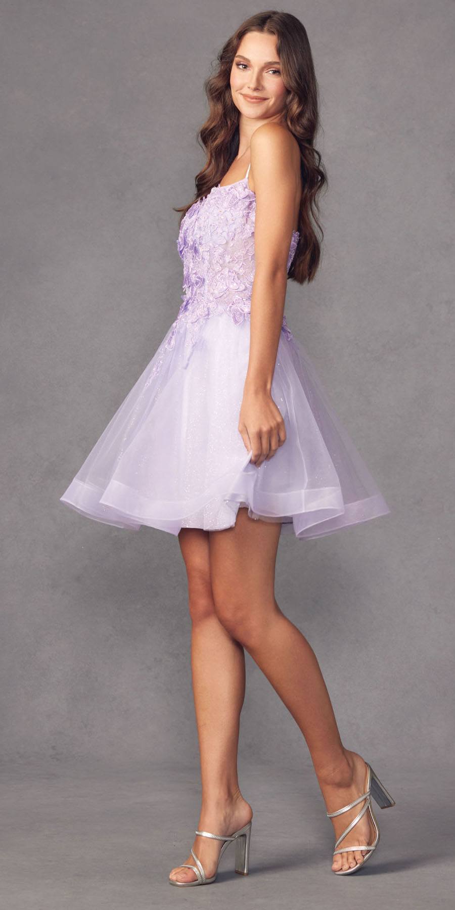 Lilac short A-line tulle gown with embroidered bodice, layered tulle skirt