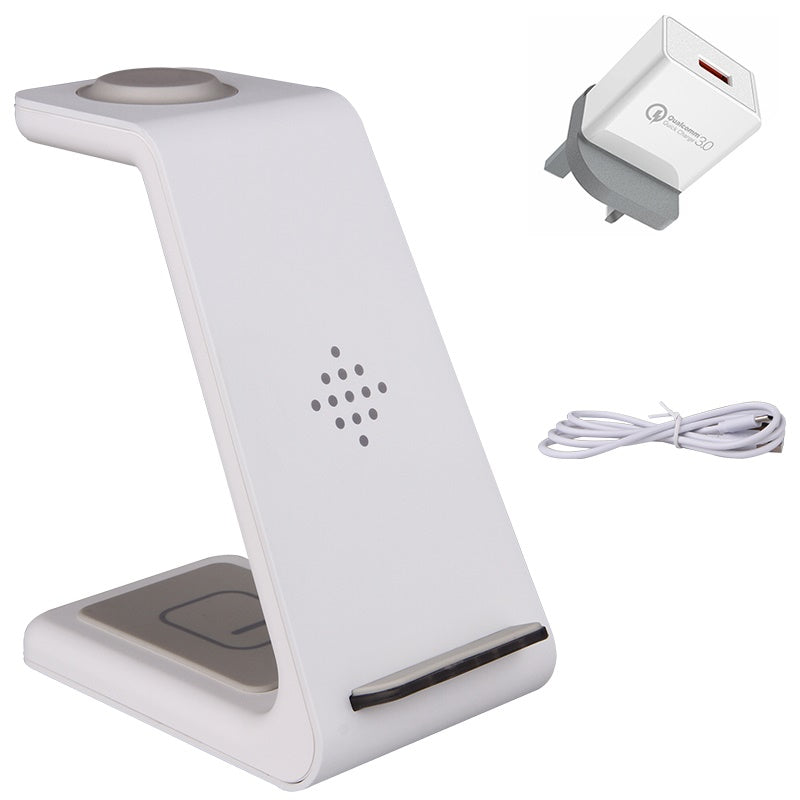 White wireless charger stand with phone holder, power adapter and white cable
