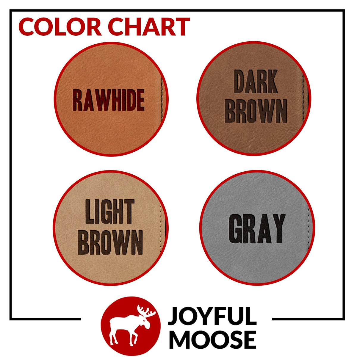 Leather color chart showing Rawhide, Dark Brown, Light Brown, and Gray options