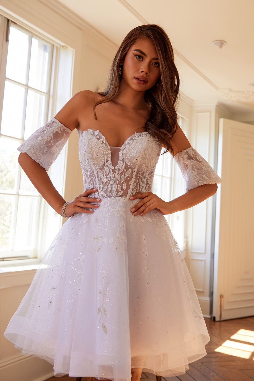White A-line short dress with sweetheart lace bodice and off-shoulder puff sleeves