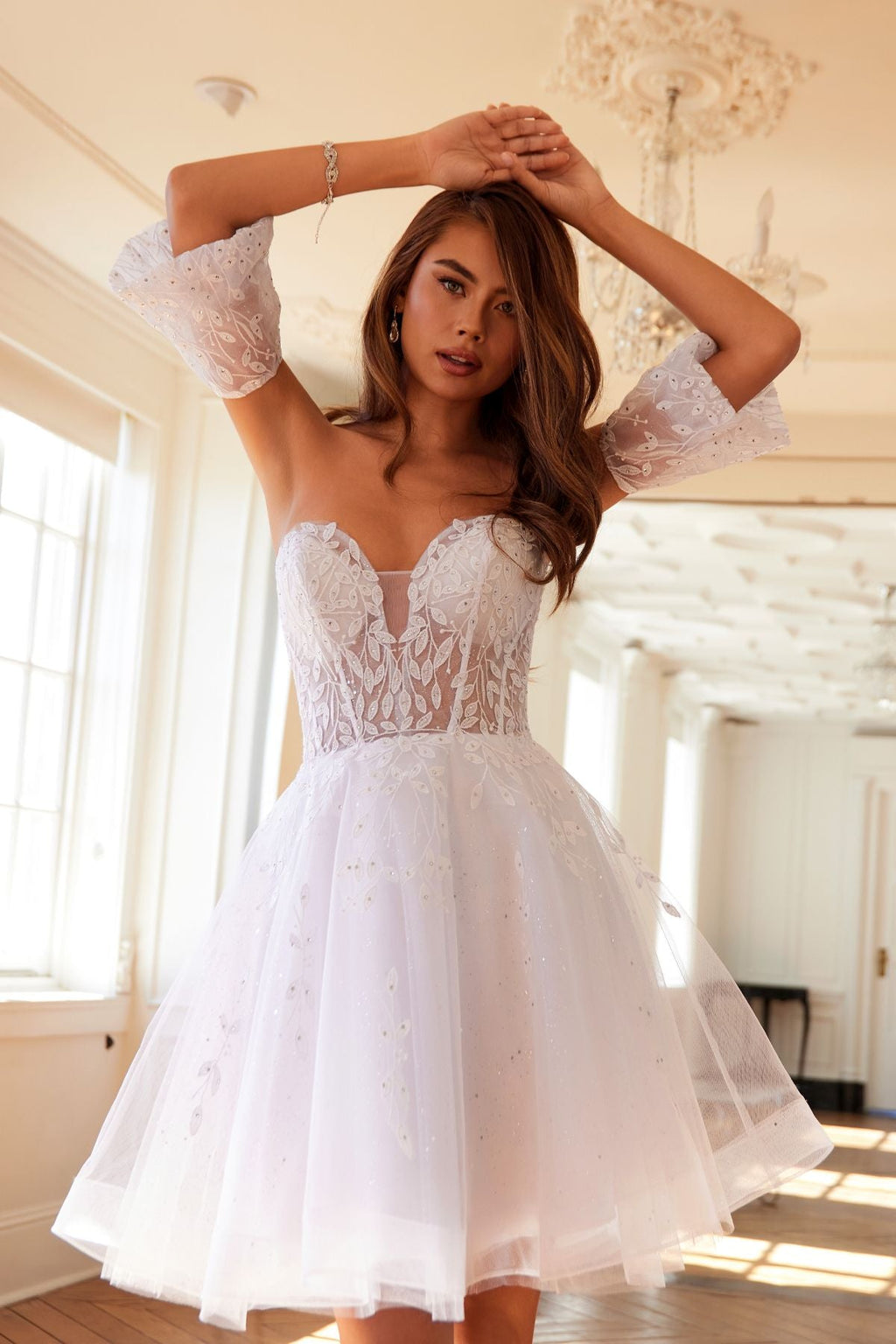 White A-line short dress with embroidered bodice and off-shoulder puff sleeves