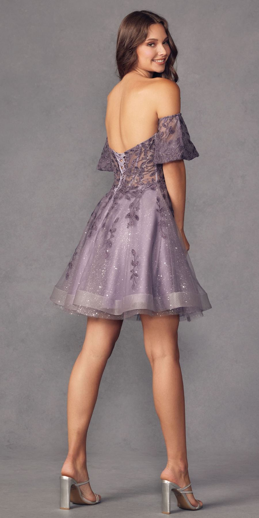 Glitter print A-line dress with off-shoulder neckline, lavender, short puff sleeves, back view