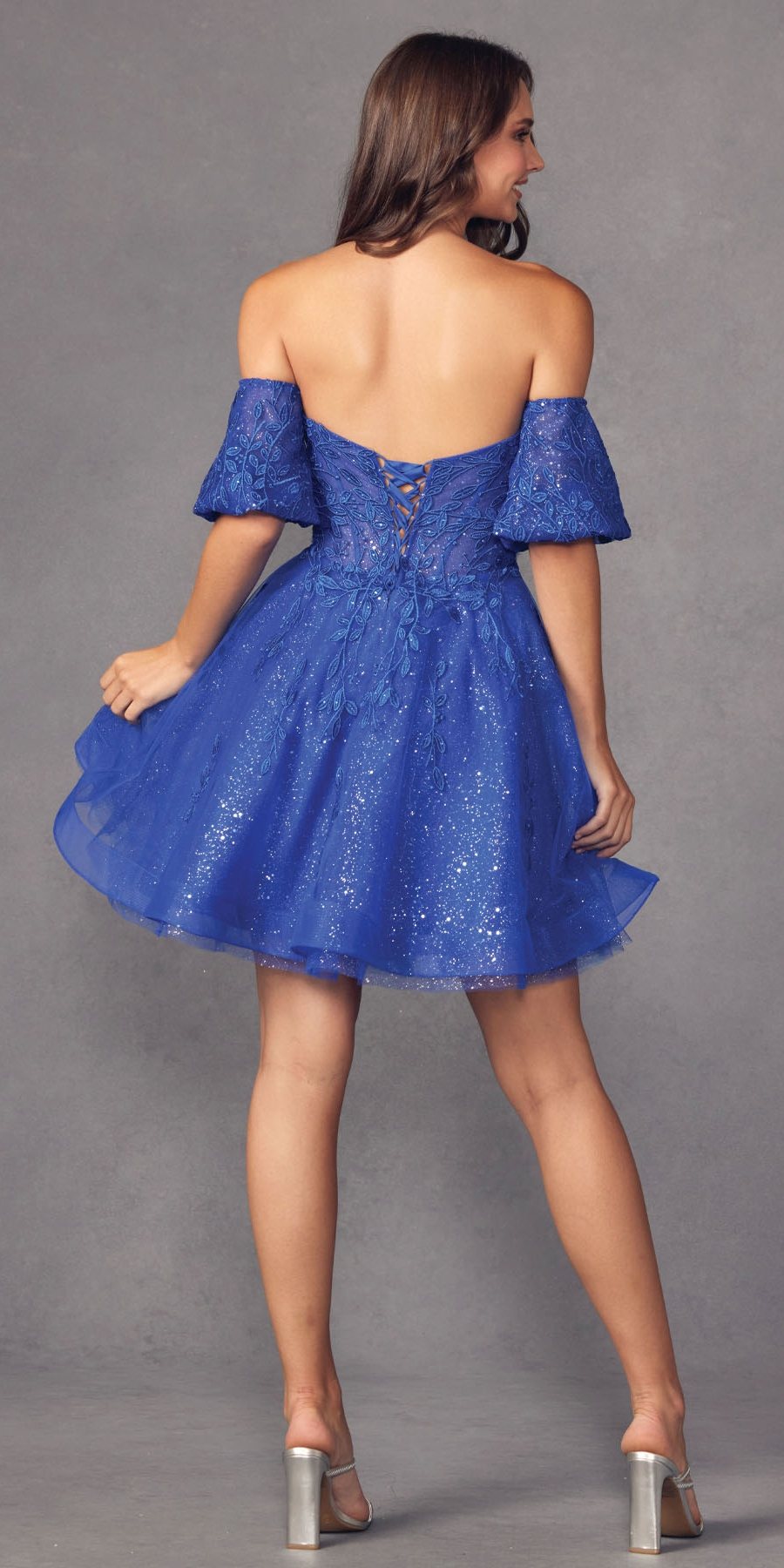 Blue A-line short dress with off-shoulder puff sleeves and glittery skirt