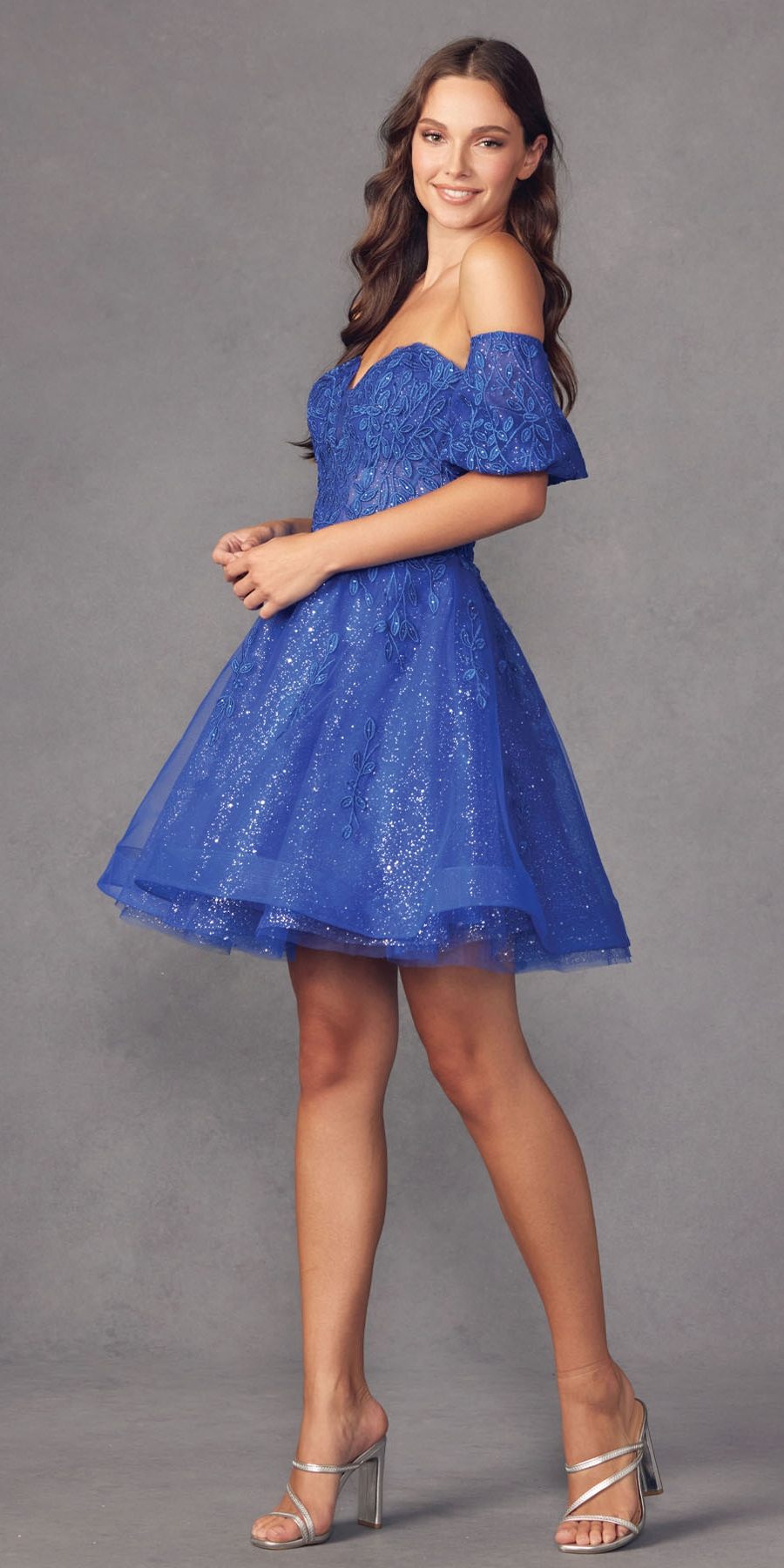 Blue A-line short dress with off-shoulder puff sleeves and sparkling texture