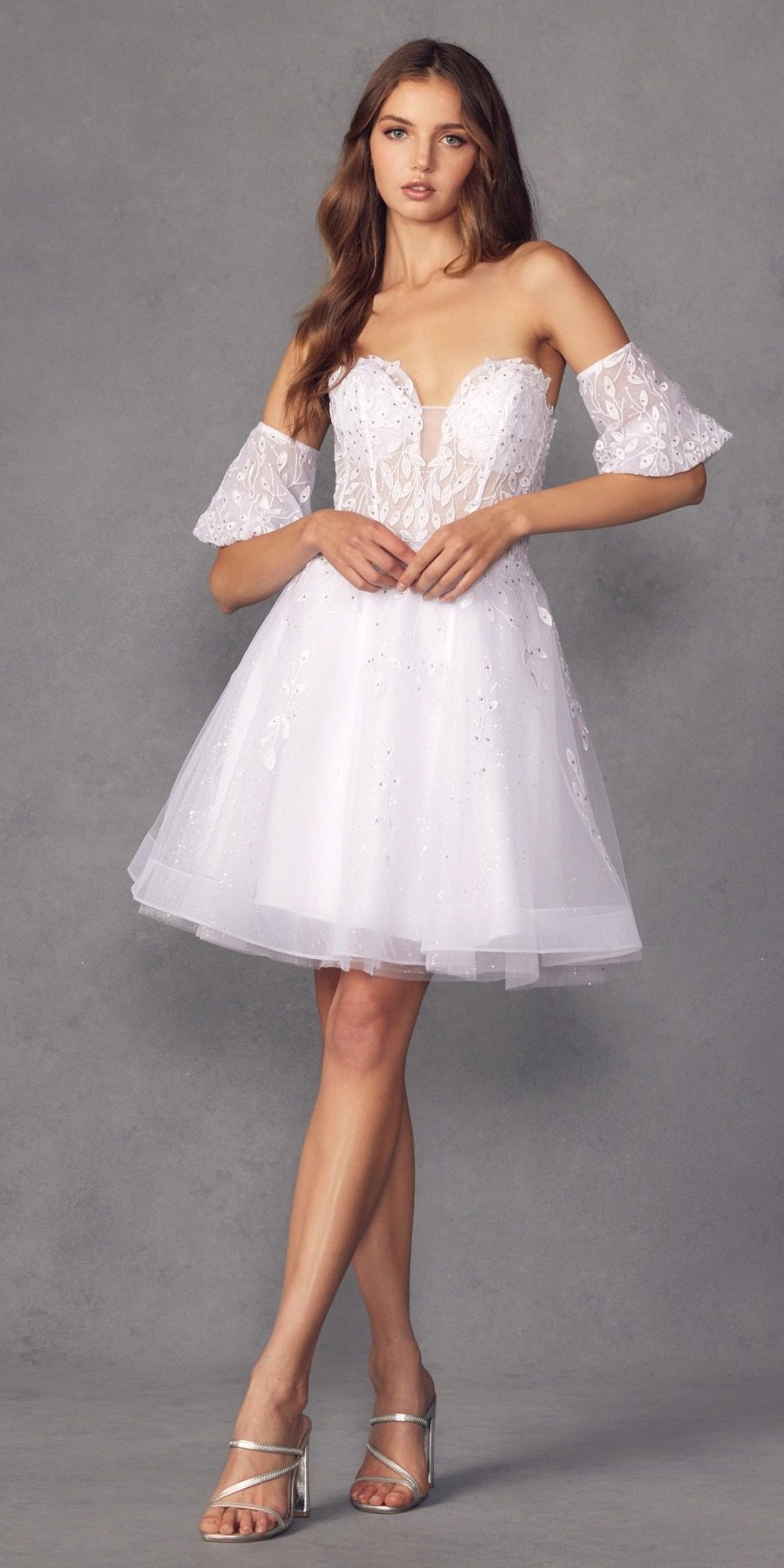 White short A-line dress with lace bodice and off-shoulder ruffle sleeves