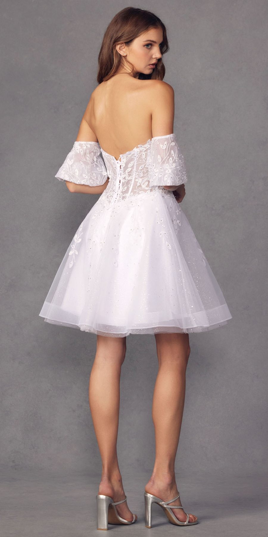 White A-line short dress with off-shoulder puff sleeves and lace bodice