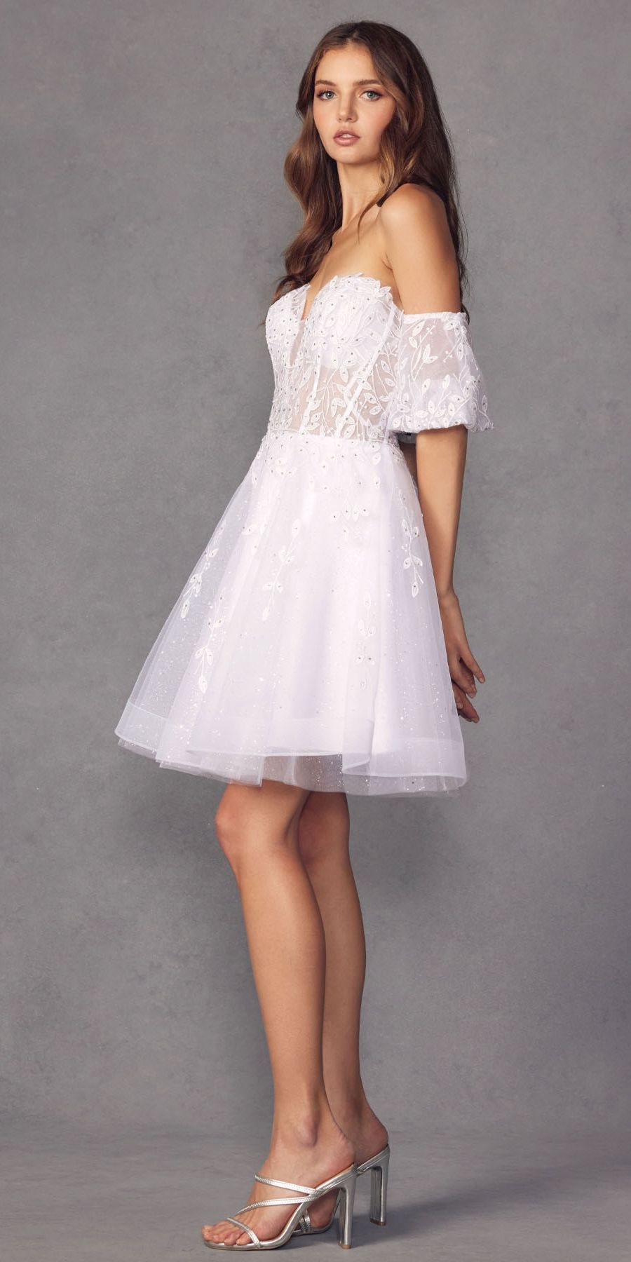 White short A-line glitter dress with off-shoulder puff sleeves and tulle skirt