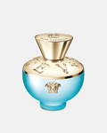 Turquoise eau de parfum bottle with gold cap and decorative crest
