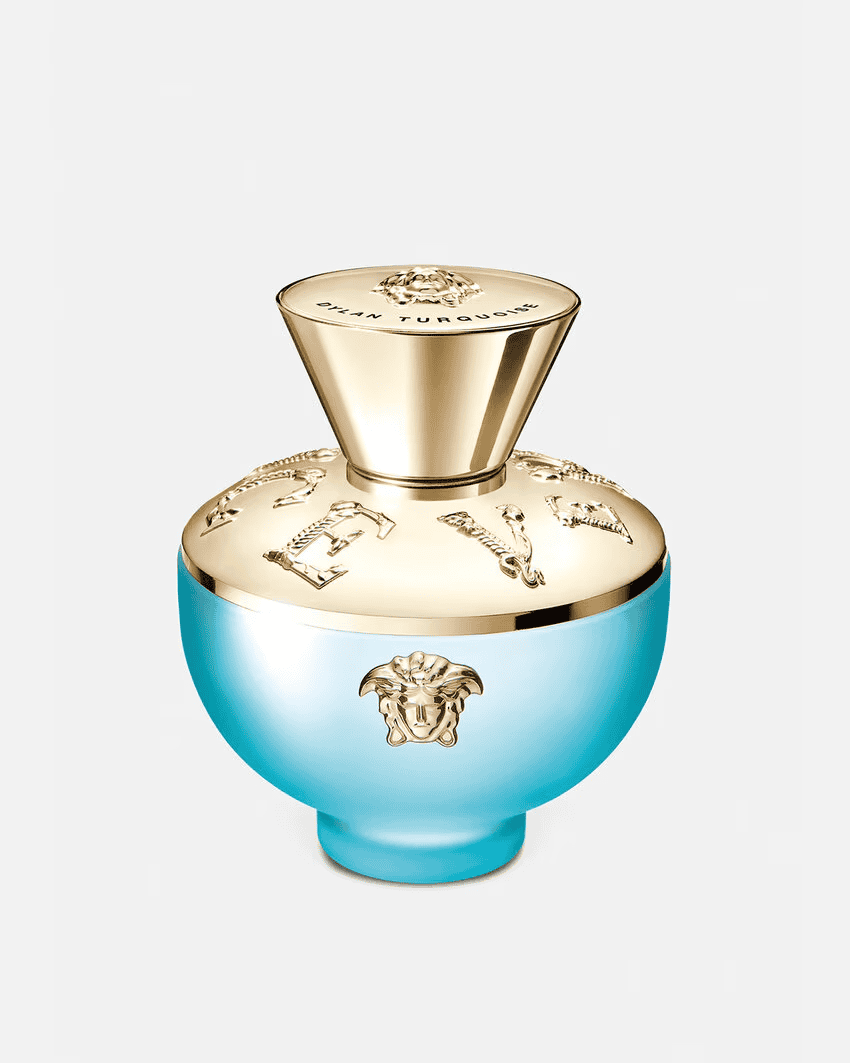 Turquoise eau de parfum bottle with gold cap and decorative crest