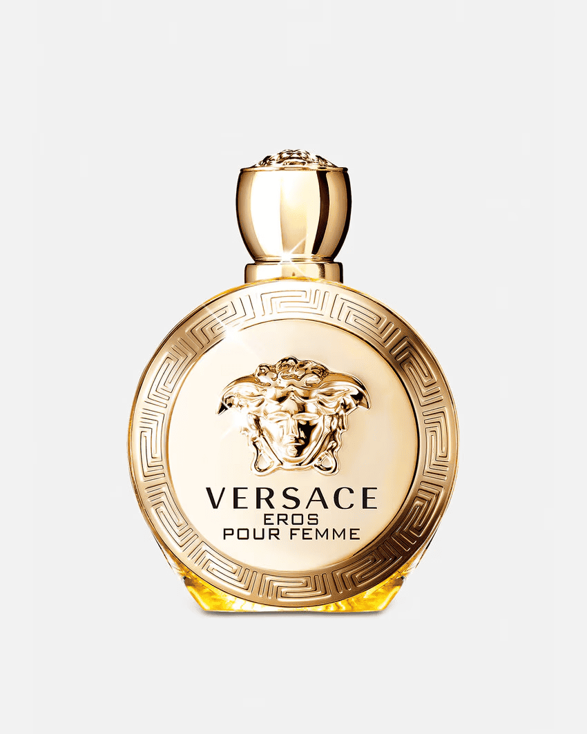 Gold Versace Eros Pour Femme Eau de Parfum glass bottle with ornate medallion label