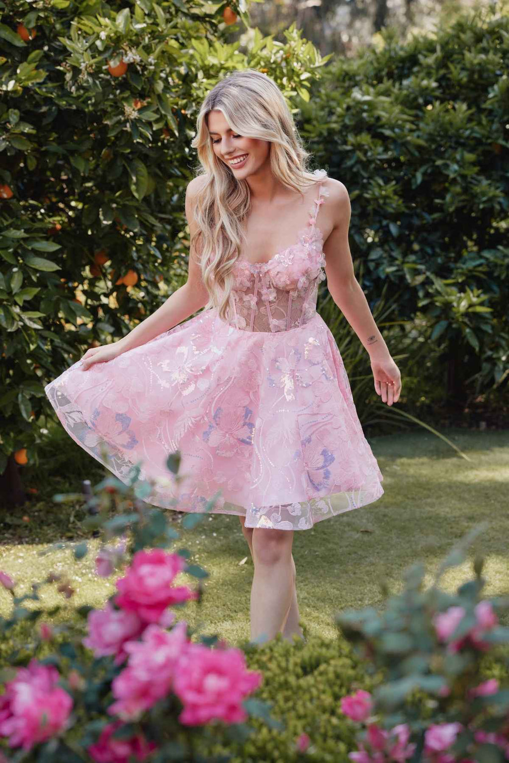 Baby pink embroidered lace corset-bodice cocktail dress, sleeveless with full flared skirt