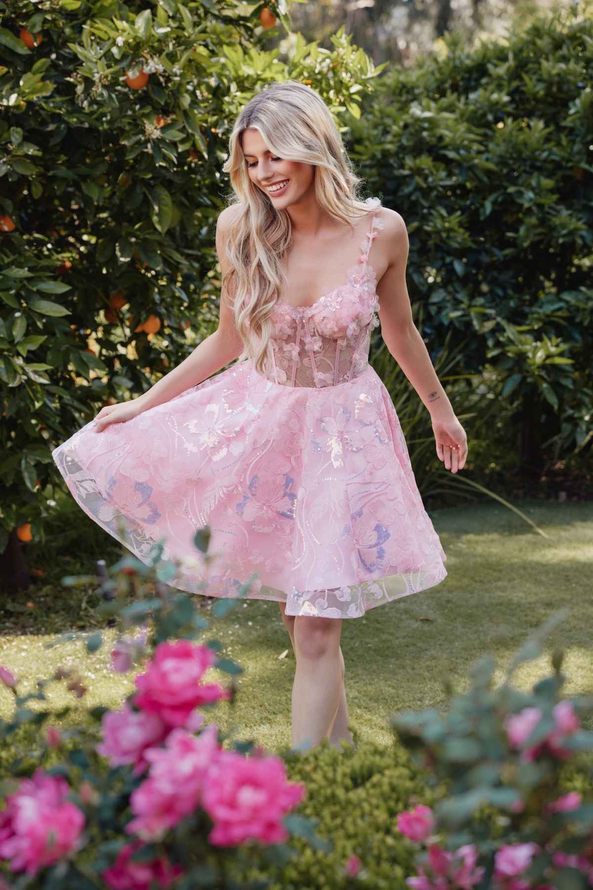 Baby pink embroidered lace corset-bodice cocktail dress, sleeveless with full flared skirt