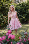 Baby pink embroidered lace corset-bodice cocktail dress, sleeveless with flared skirt