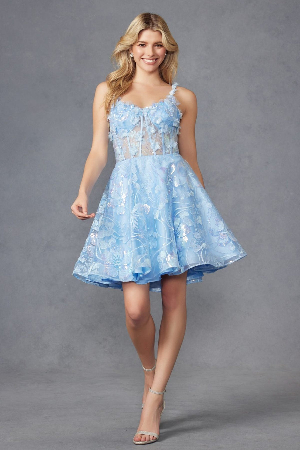 Light blue embroidered lace cocktail dress with corset bodice and flared skirt