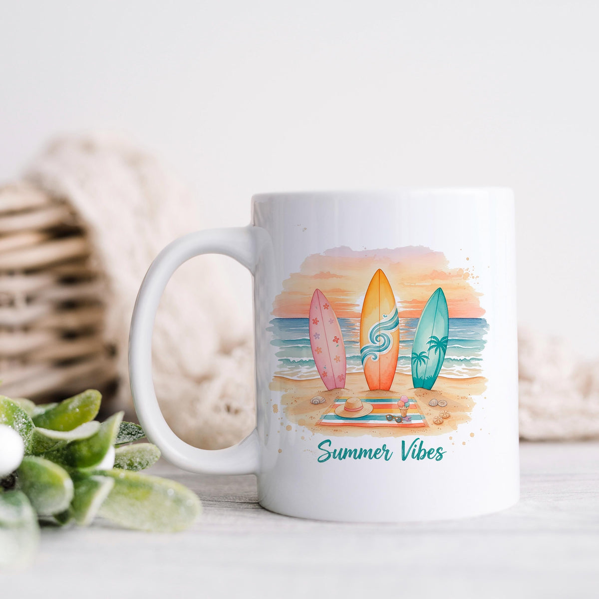 White ceramic mug with surfboards and 'Summer Vibes' design in a side view