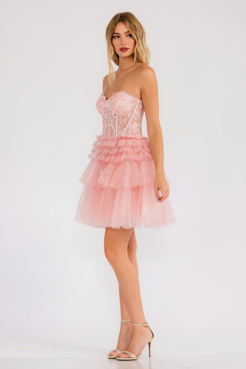 Blush strapless lace corset cocktail dress with tiered ruffle skirt, front view