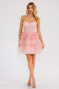 Blush pink strapless lace corset dress with tiered tulle ruffle skirt