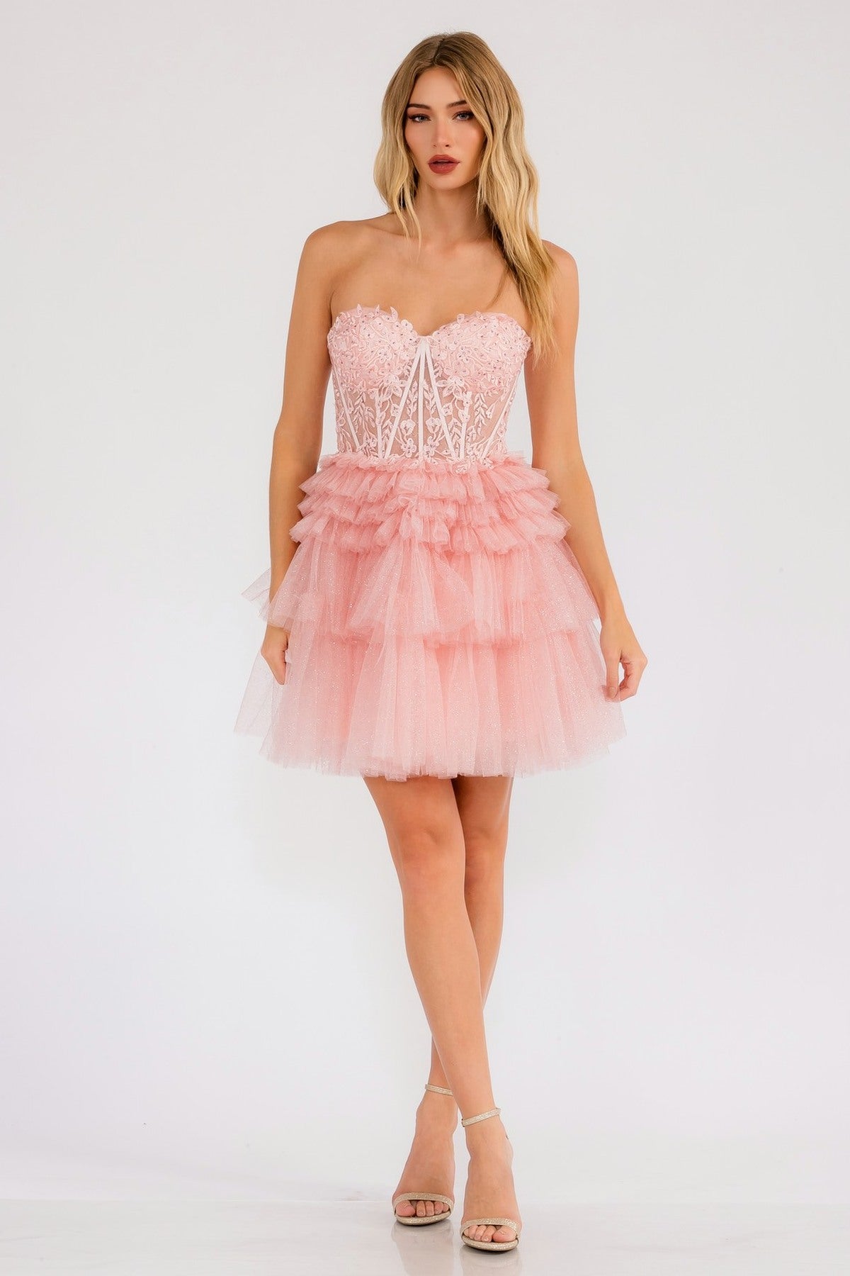 Blush pink strapless lace corset dress with tiered tulle ruffle skirt