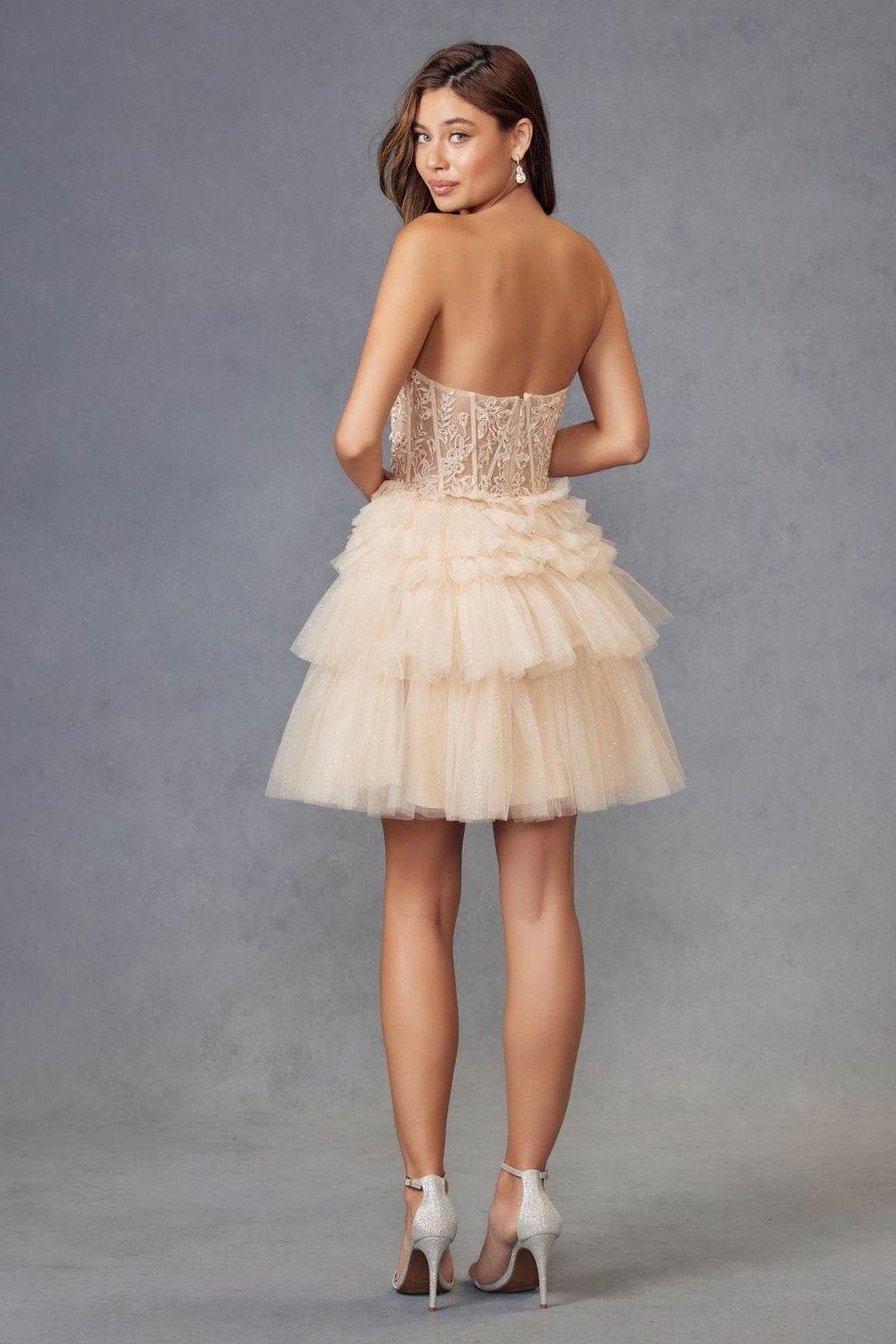 Strapless lace corset cocktail dress with tiered tulle ruffle skirt, cream, back view