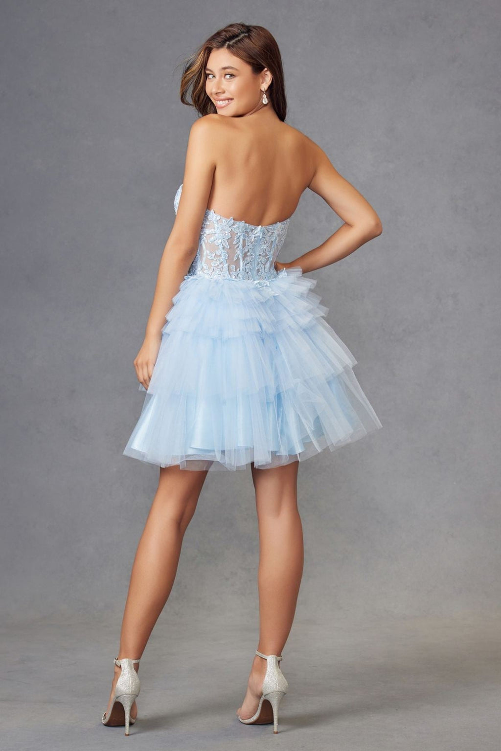Strapless lace corset cocktail dress with tiered tulle ruffle skirt, light blue, back view