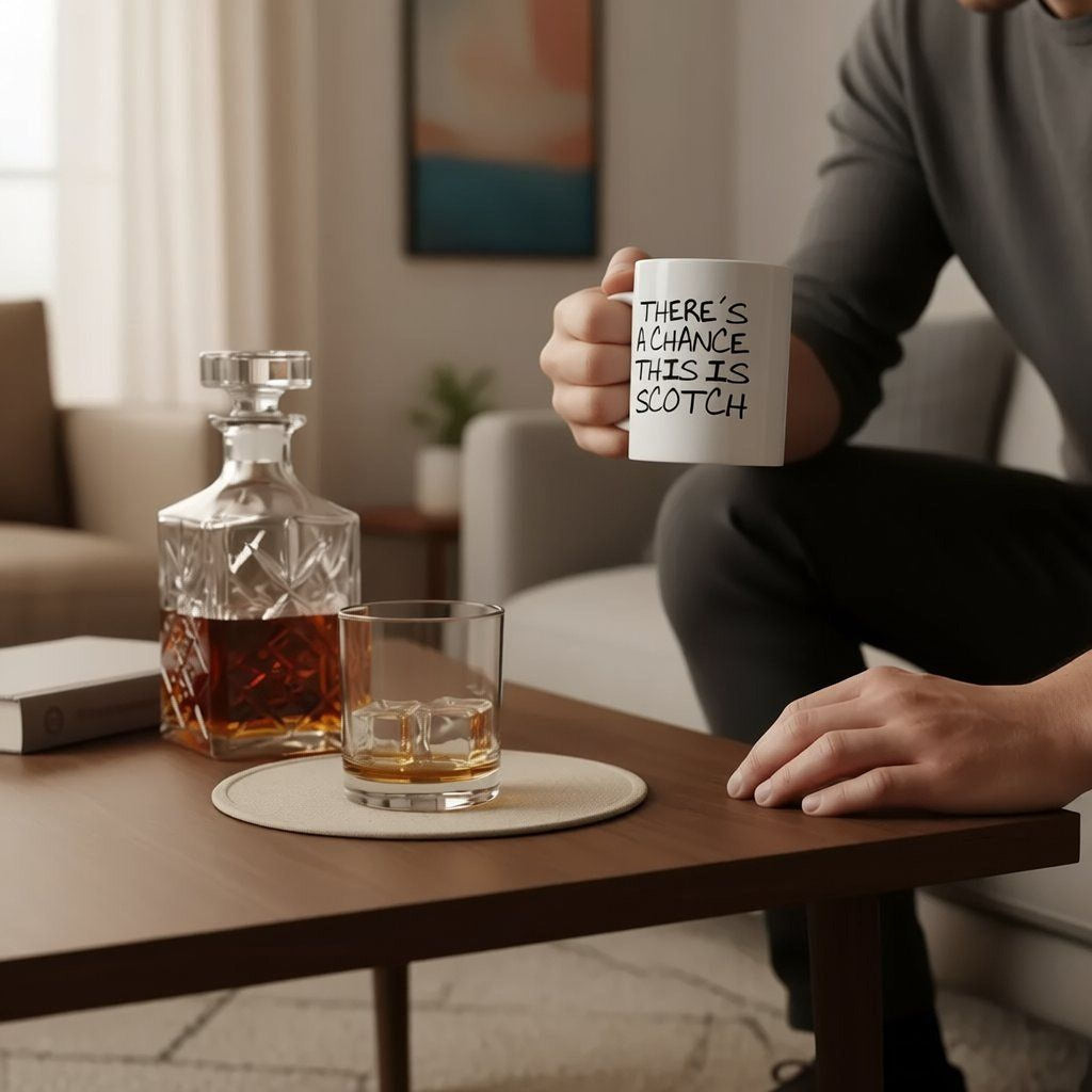 White coffee mug with humorous quote, held in a hand at a table.
