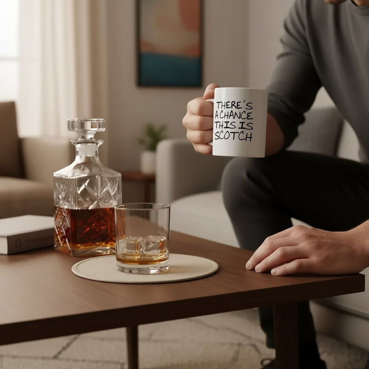 White coffee mug with humorous quote, held in a hand at a table.