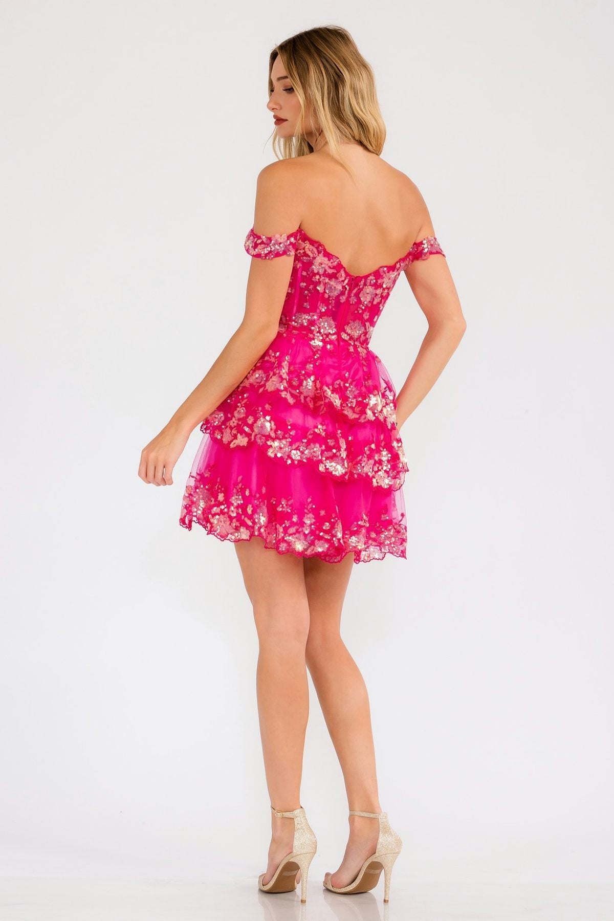 Fuchsia off-shoulder sequin tulle A-line cocktail dress, open-back detail