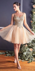 Champagne-gold sequin bodice short A-line tulle gown with layered poofy skirt