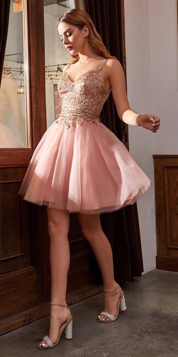 Blush pink sequin bodice short A-line tulle gown with layered poofy skirt