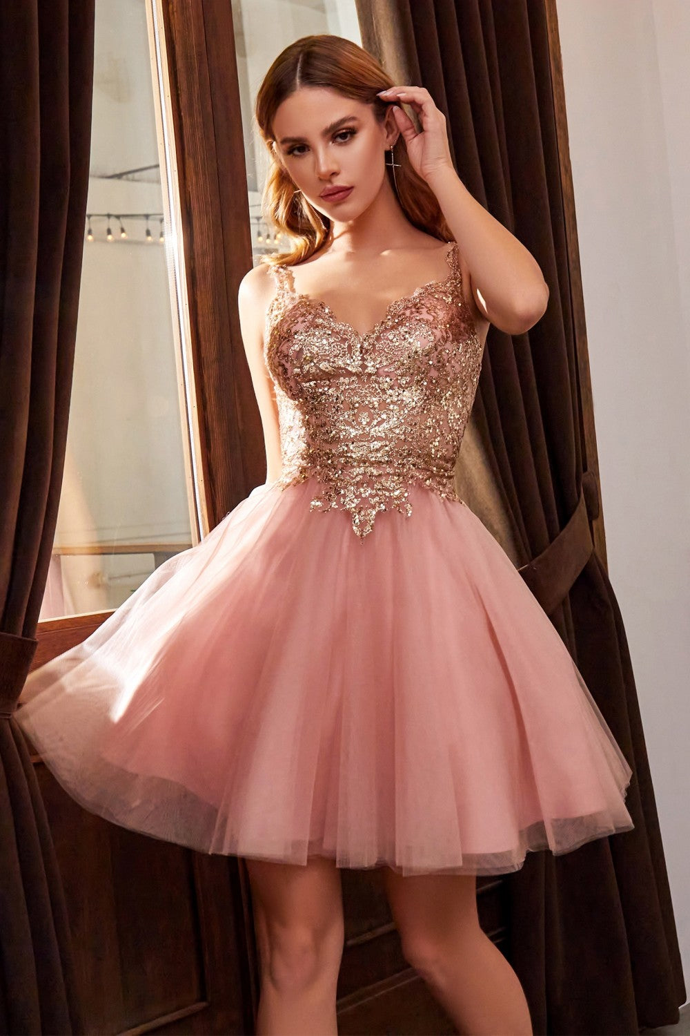 Rose gold sequin bodice short A-line tulle gown with layered full skirt