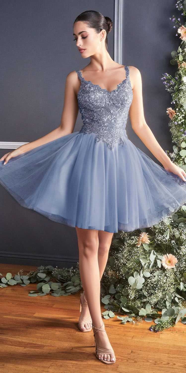 Smokey blue sequin lace bodice short A-line tulle gown with layered skirt