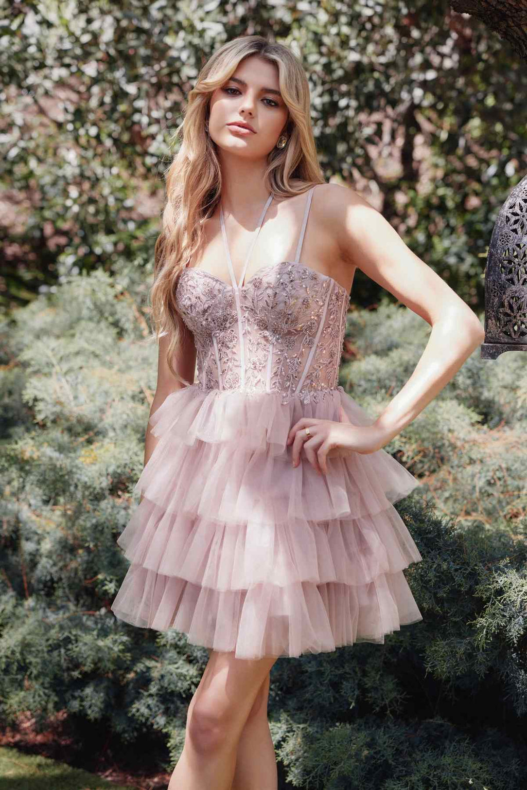 Blush pink tulle ruffle dress with lace corset bodice and tiered mini skirt