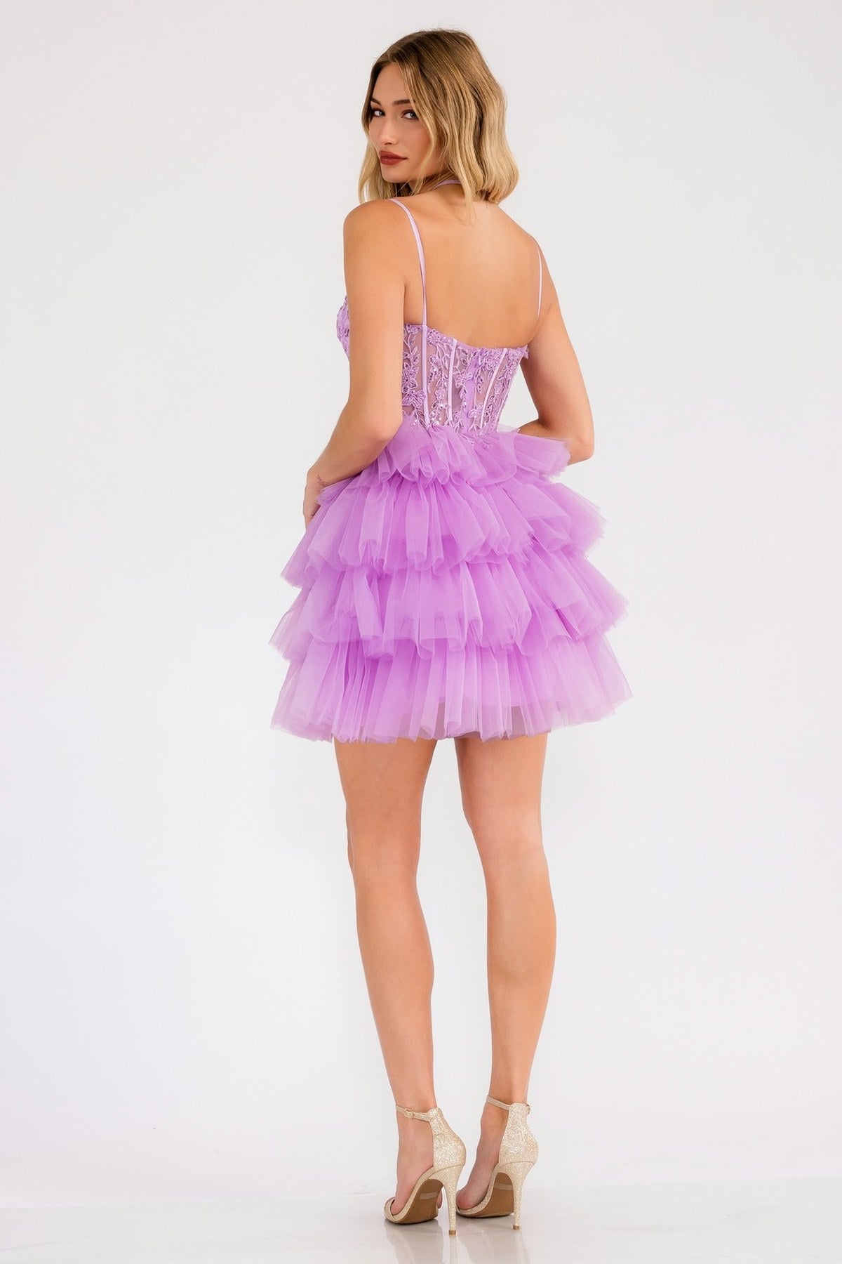 Back view of lilac lace corset mini dress with layered tulle ruffle skirt