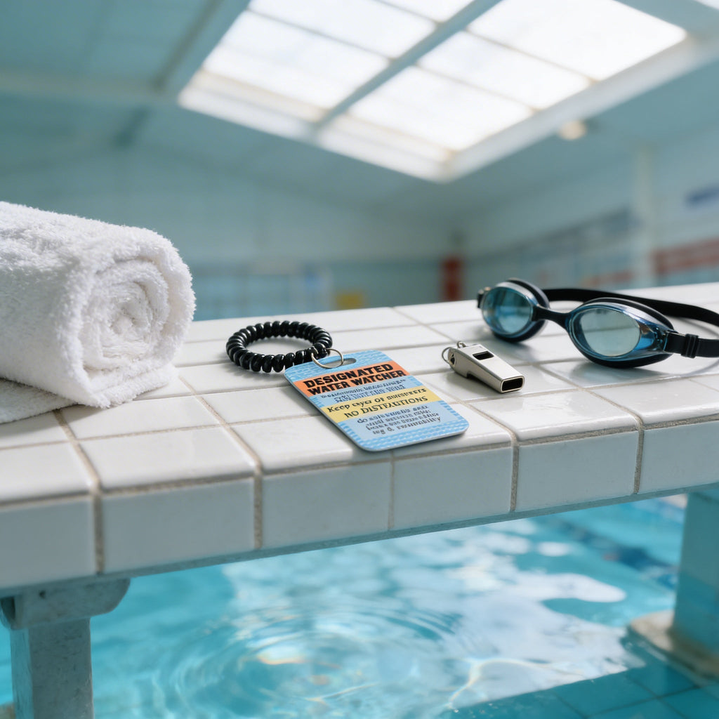 Pool safety badge tag on tile with black beaded lanyard and blue card