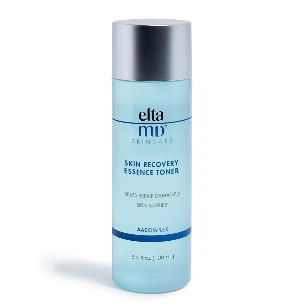 EltaMD Skin Recovery Essence Toner bottle, light blue liquid, silver pump top, 3.4 fl oz
