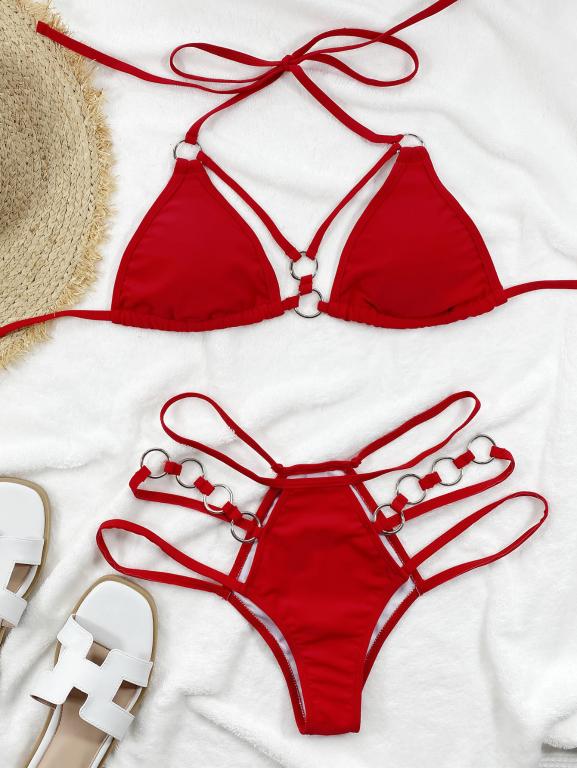 Halter Push Up Bikini Set Solid Swimsuit Women Hollow Out Cutout Out Bathing Suits Swimwear