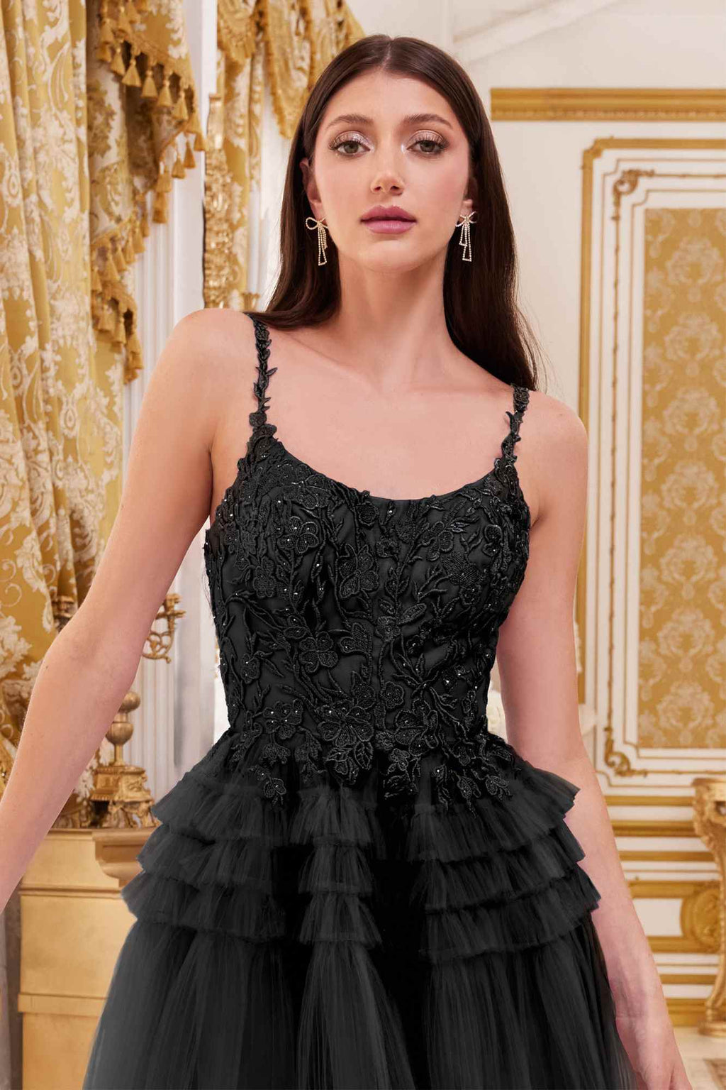 Black tiered tulle cocktail dress with textured bodice, scoop neckline, spaghetti straps
