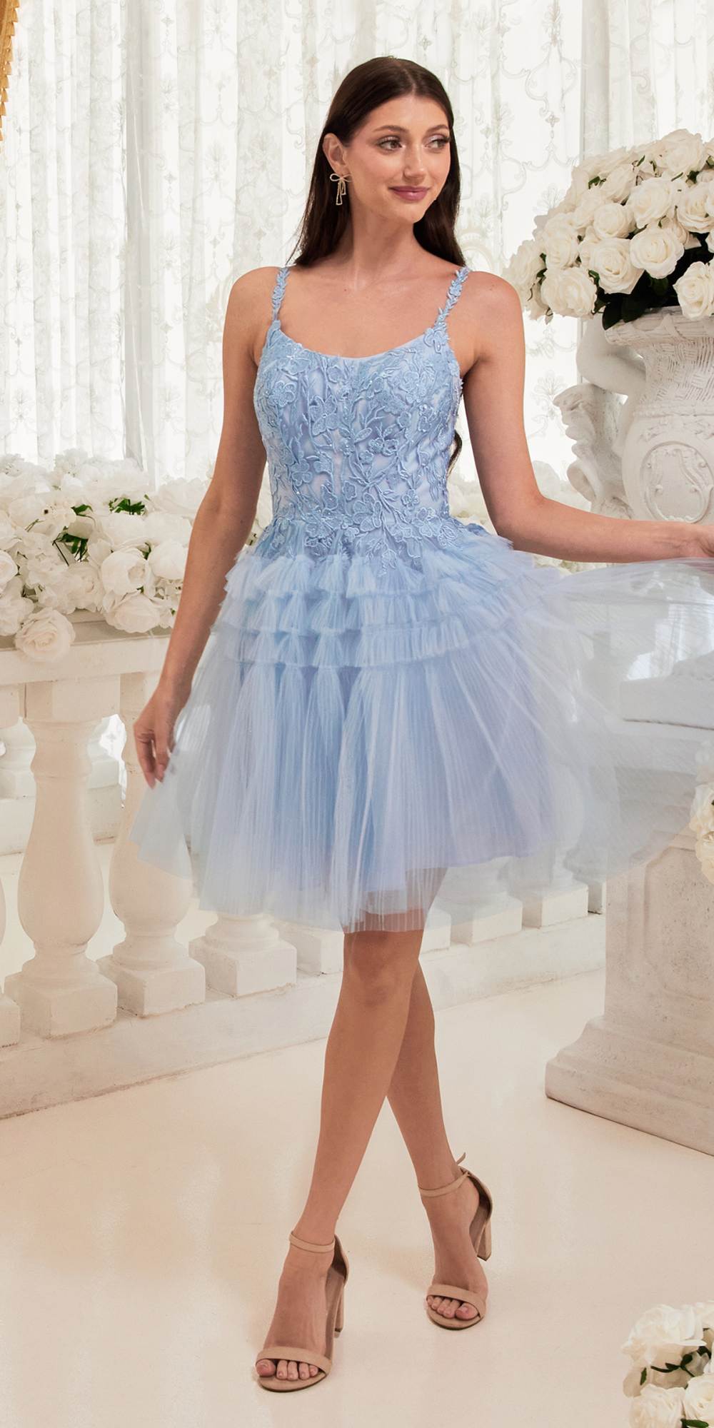 Light blue short A-line tiered tulle cocktail dress, scoop neck, spaghetti straps