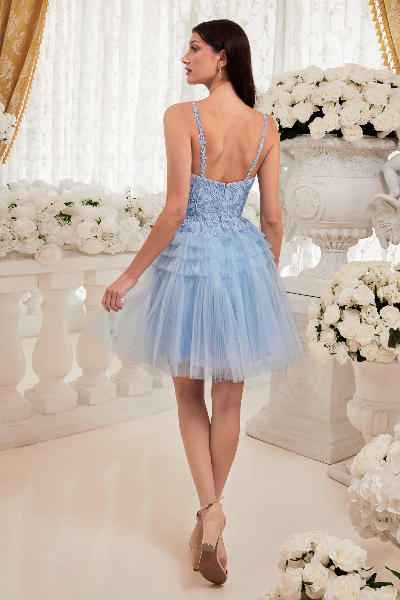 Light blue A-line tiered tulle cocktail dress, scoop neck, open-back straps