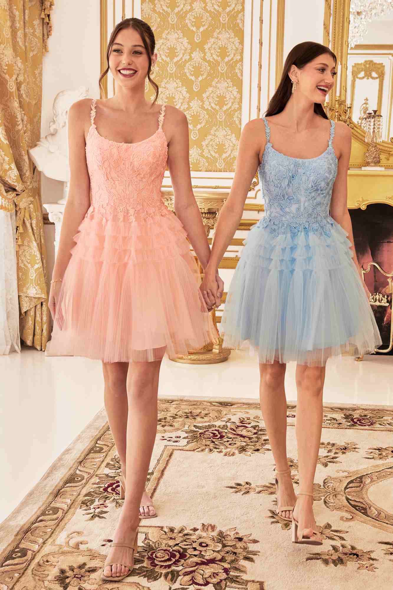 Pink and light blue A-line tiered tulle cocktail dresses, scoop neck, thin straps