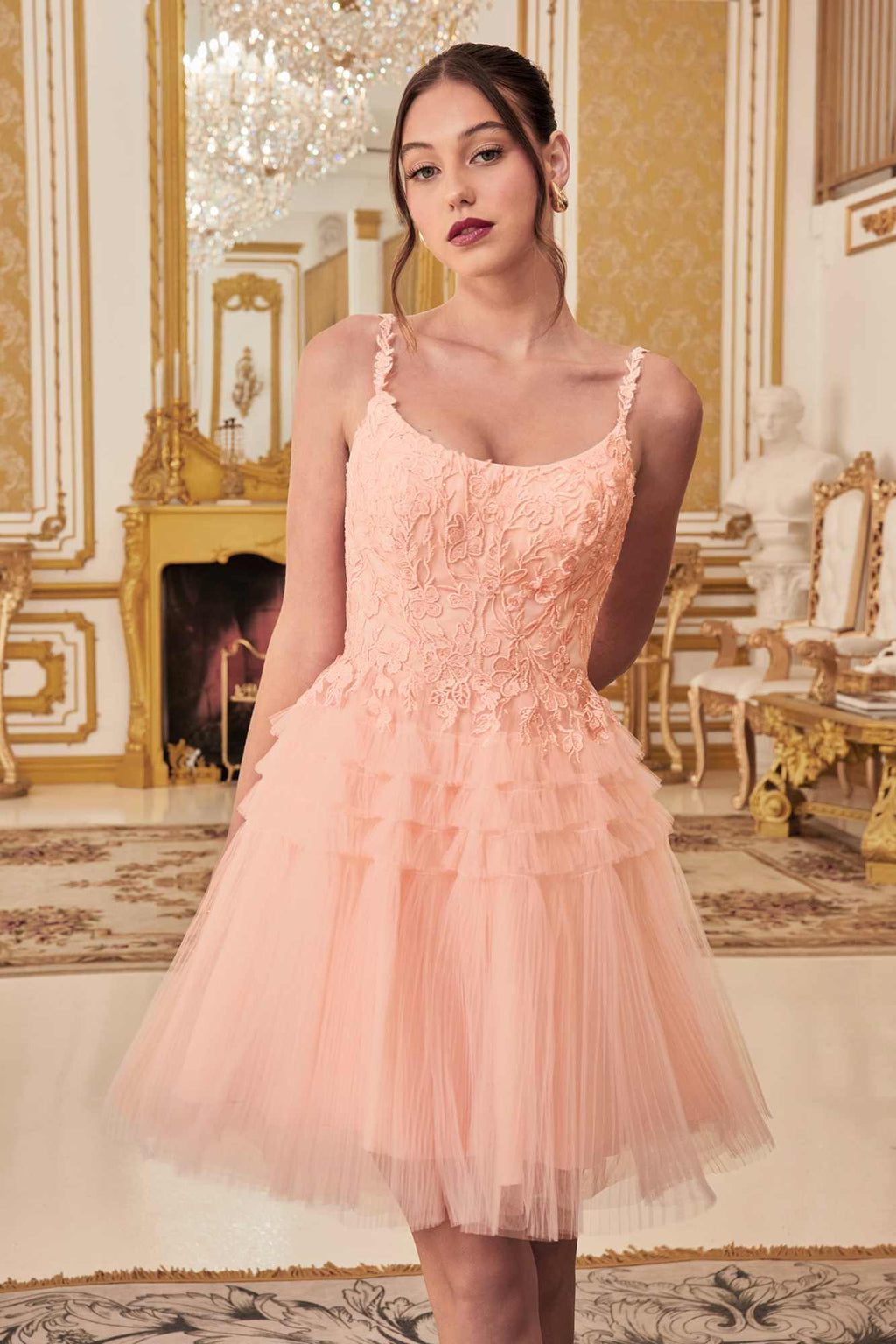 Pink short A-line tiered tulle cocktail dress with scoop neck and delicate lace bodice