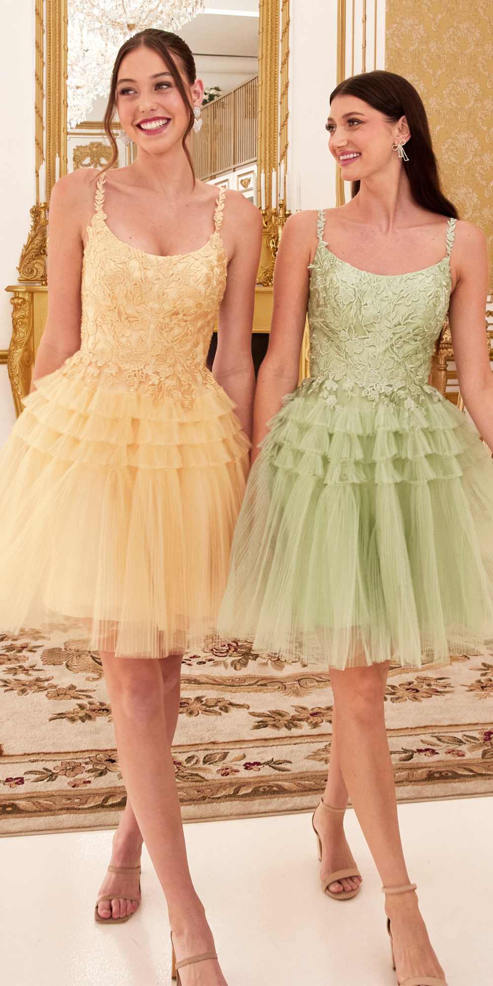 Gold champagne and light green A-line tiered tulle cocktail dresses, scoop neck