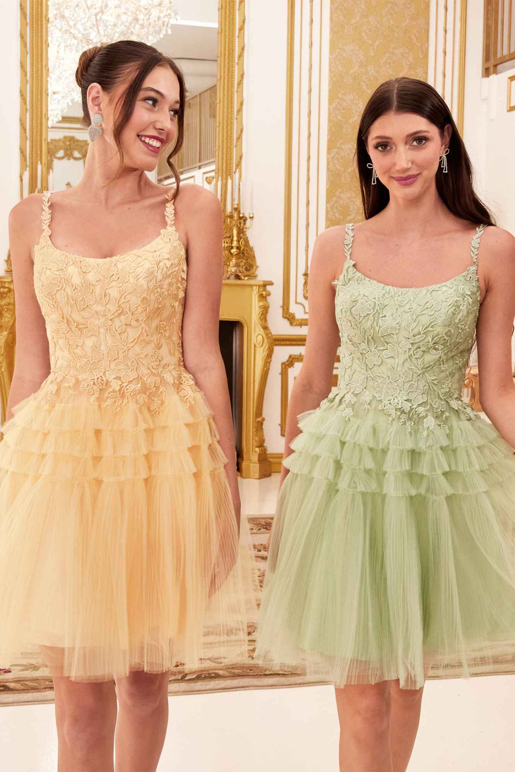 Gold champagne and light green tiered tulle A-line cocktail dresses, scoop neckline