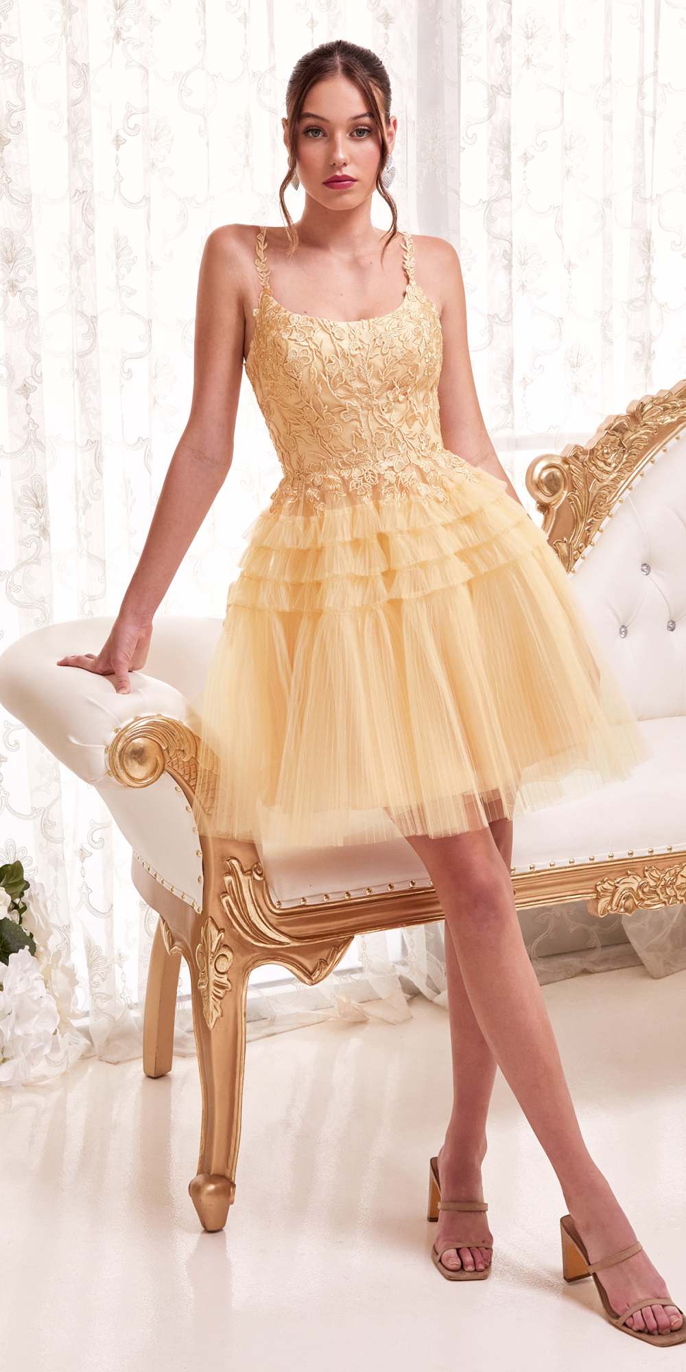 Gold champagne A-line tiered tulle cocktail dress, scoop neck, spaghetti straps