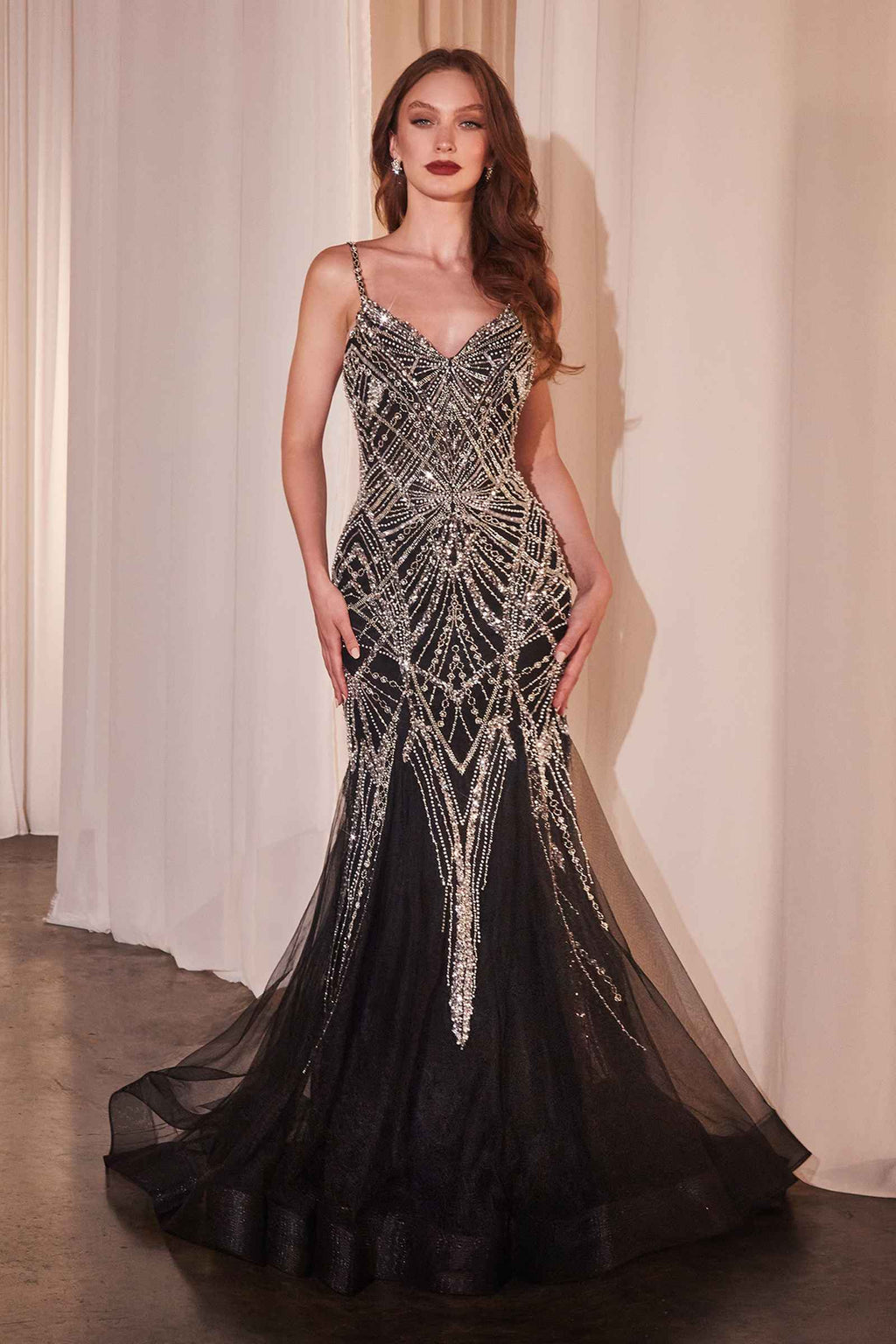 Embellished mermaid gown in black with V-neck and thin spaghetti straps