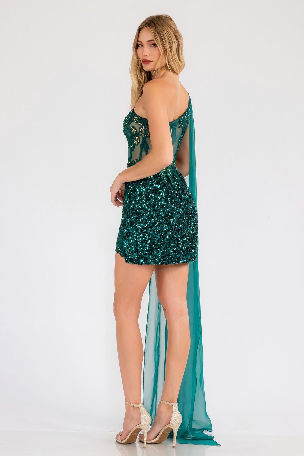 One-shoulder sequin mini dress with trailing sheer cape, emerald green